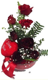 Sevgilime Hediye 7 g�l ve Kalp yast�k