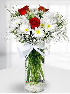 3 k�rm�z� g�l ve krizantemler camda  Ankara 14 �ubat �i�ek ma�azas� , �i�ek�i adresleri 