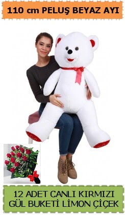 110 cm beyaz kocaman pelu� ay� ve 12 g�l  Ankara 14 �ubat �i�ek g�nderme 