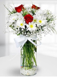 3 k�rm�z� g�l ve krizantemler camda  Ankara 14 �ubat �i�ek ma�azas� , �i�ek�i adresleri 