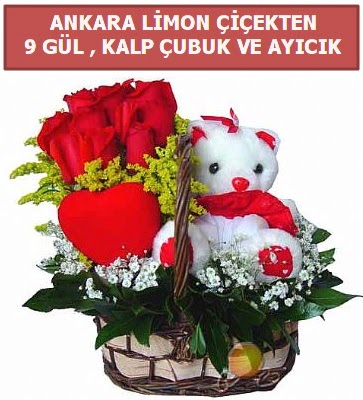 Kalp �ubuk sepette 9 g�l ve ay�c�k  Ankara 14 �ubat �i�ek�i telefonlar�  