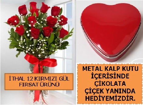 12 adet k�rm�z� g�l ve kalp kutuda �ikolata  Ankara 14 �ubat �i�ek�i telefonlar� 