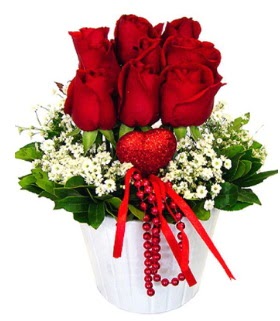 9 k�rm�z� g�l seramik ve kalp �ubuk  Ankara 14 �ubat �i�ek g�nderme 